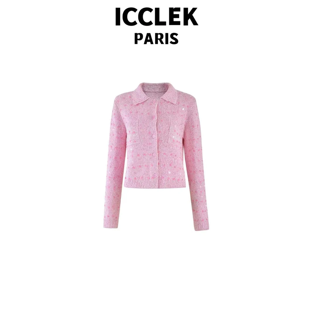 ICC 粉色翻领开襟长袖针织衫气质轻奢名媛显瘦秋冬保暖外套 -5168