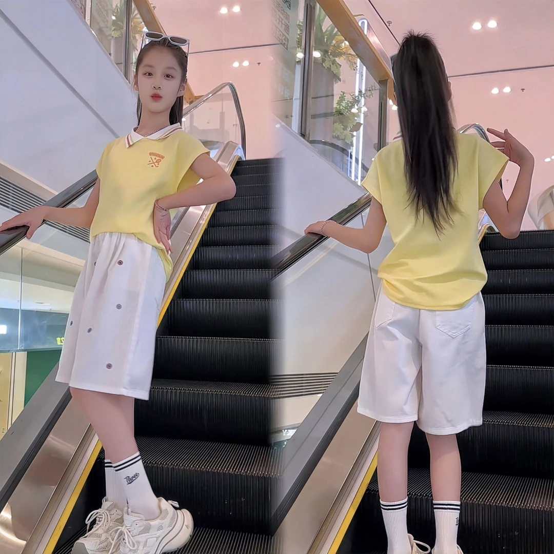 女童夏季新款短袖套装网红洋气休闲学生百搭polo衫+中裤两件套潮8