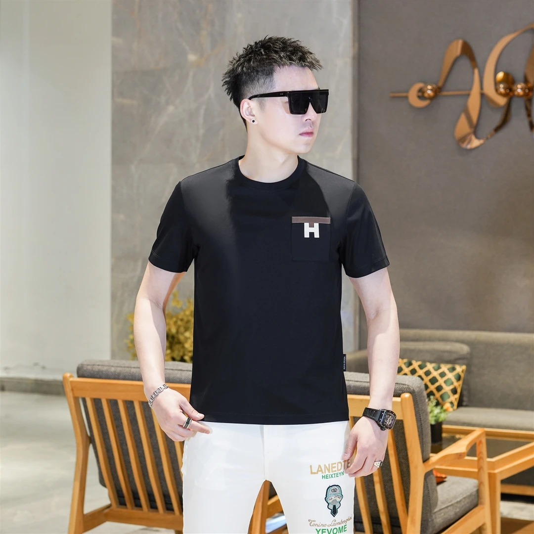 2025春夏新品男士黑色微标圆领短袖时尚修身潮牌T恤上衣男GL2860