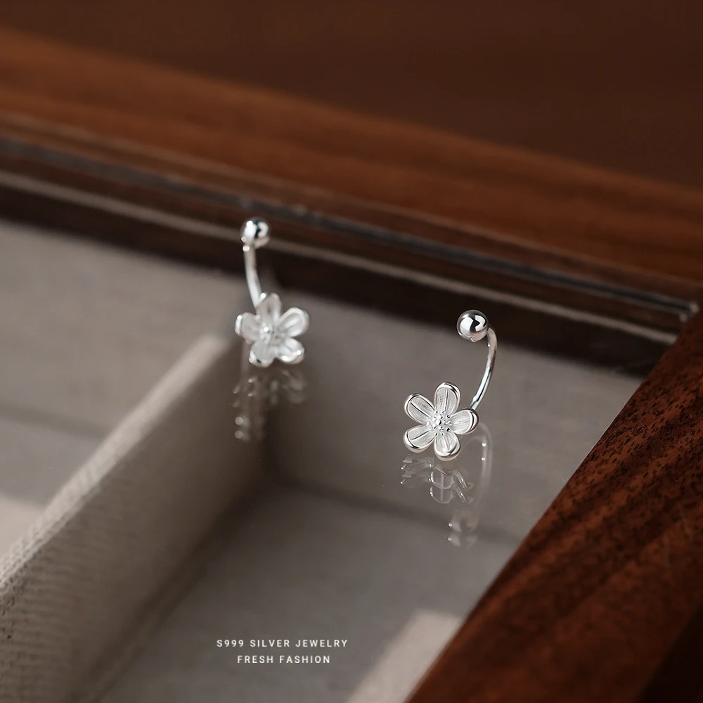 足银耳饰 森系梅花耳钩s999纯银简约小清新足银耳钉螺丝圆珠耳环