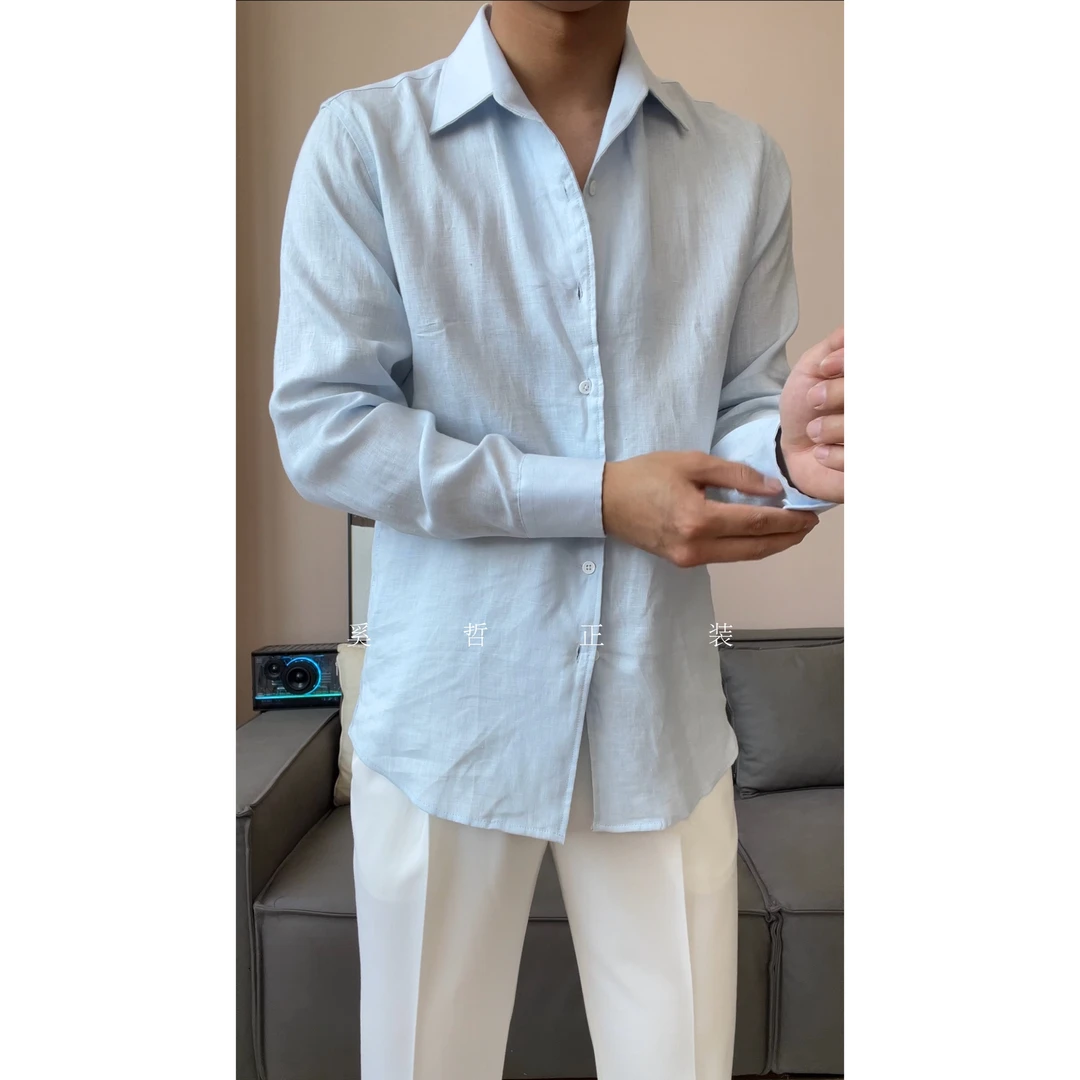 夏季100%亚麻长袖衬衫男士一片领商务休闲轻薄透气衬衣8720