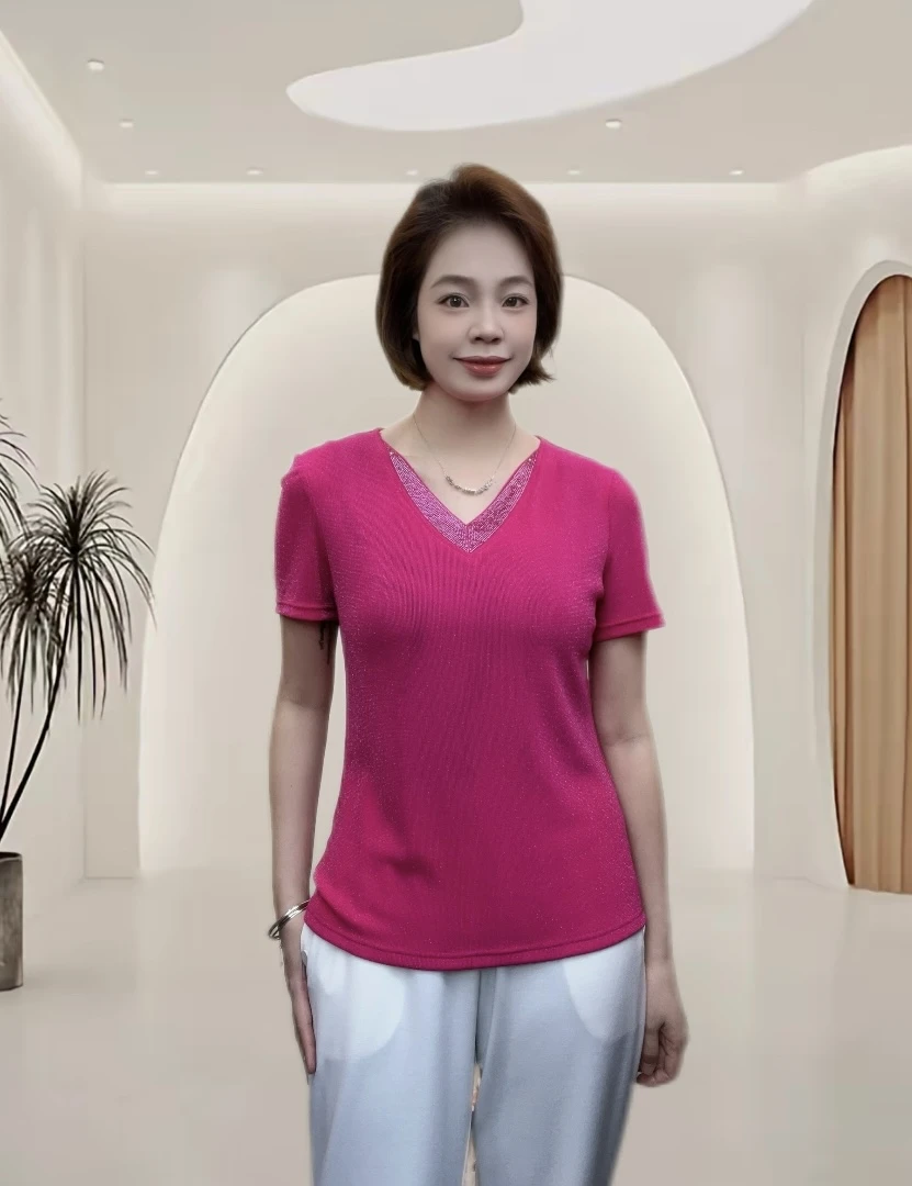 25年百搭妈妈短袖女小衫大码宽松气质时尚休闲半袖针织衫纯色