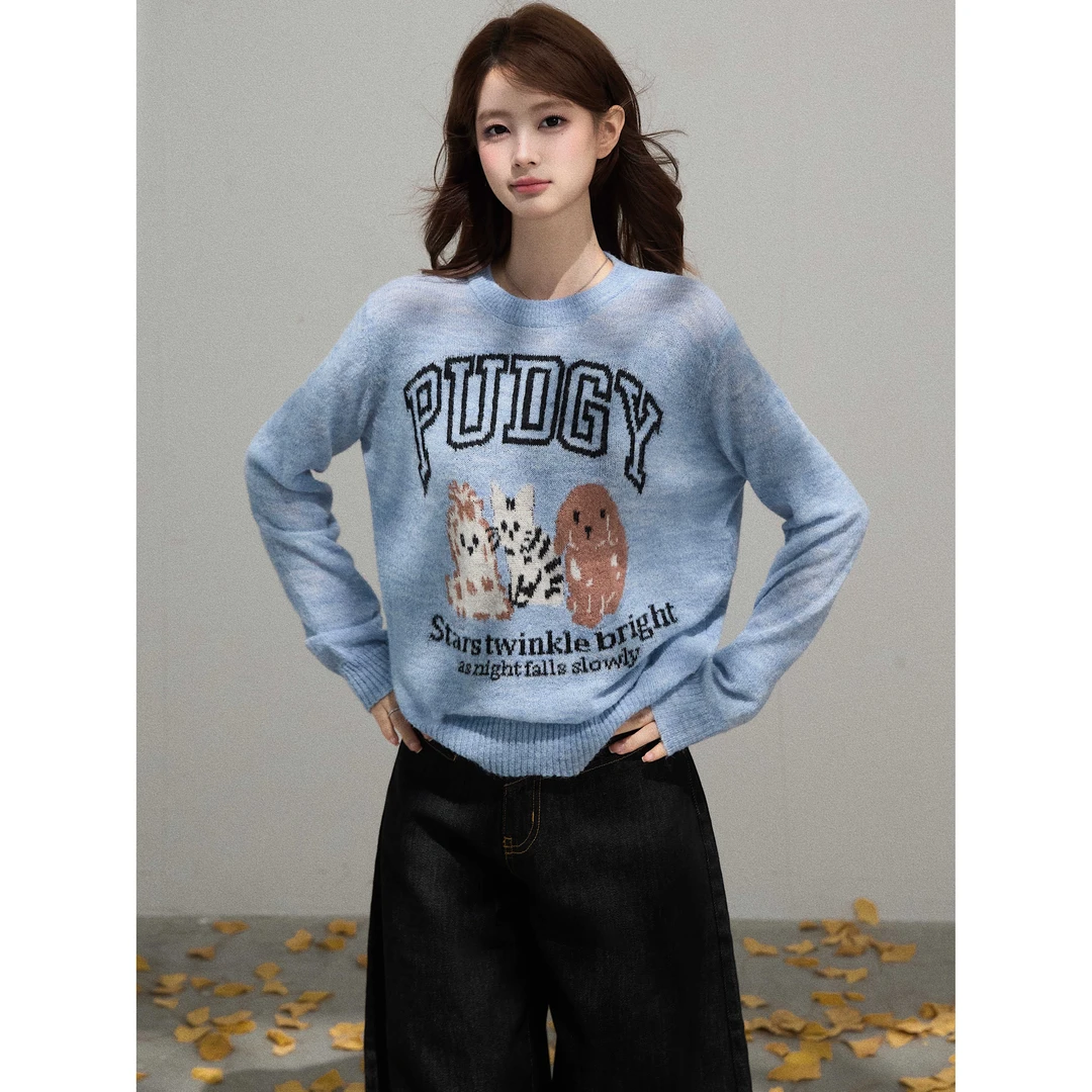 【谢不肉】提花圆领针织薄款长袖毛衣女秋季宽松百搭休闲上衣50418