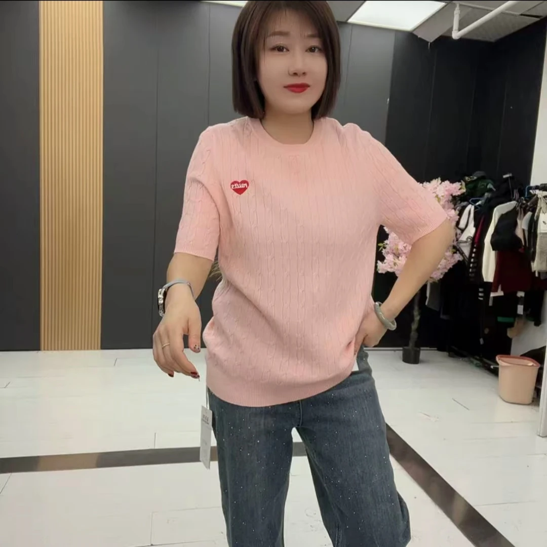 88815春季新款大码女装高品质洋气百搭圆领刺绣爱心针织半袖衫