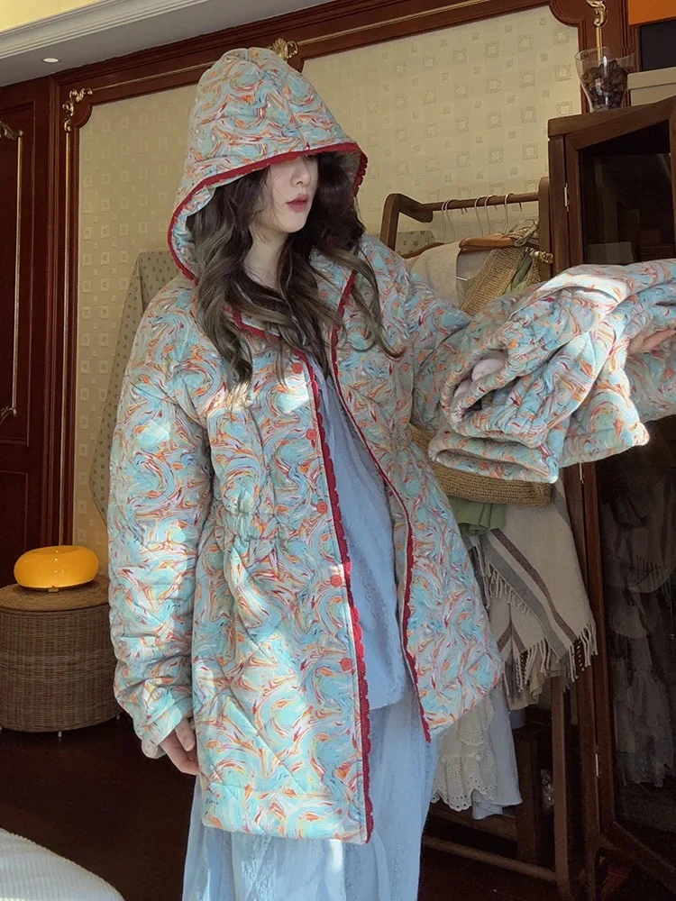 族玛士树影斑驳连帽保暖加绒家居服套装加厚冬季女款