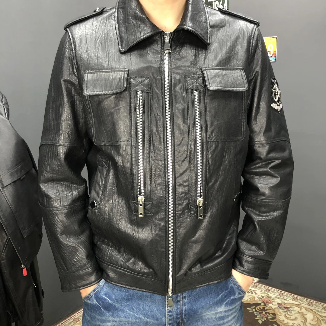 特价翻领机车头层羊皮真皮皮衣外套