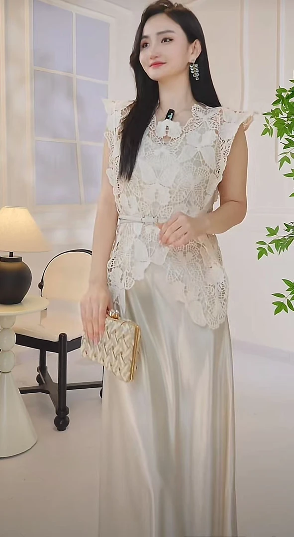 2025新款蝴蝶镂空叠穿罩衫吊带两件套连衣裙023