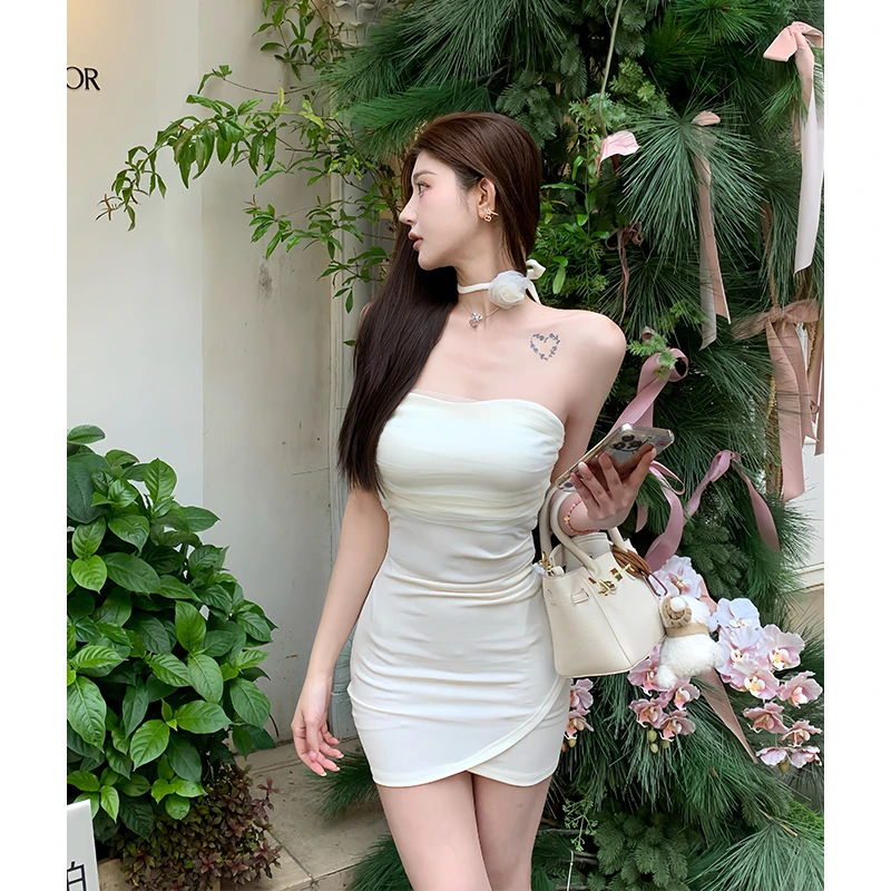 夏季纯欲抹胸网纱拼接不规则修身花朵项带性感包臀短裙