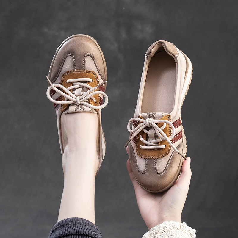 春季新款复古头层牛皮休闲女鞋舒适平底系带真皮森系妈妈单鞋2528