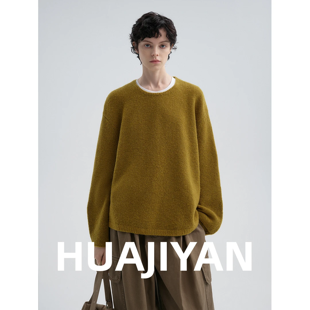 华吉言/HUAJIYAN【芥末毛衣】美利奴羊毛混纺弯刀袖圆领套头毛衣