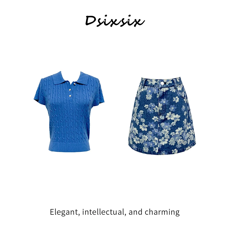 Yeah Me-【清风假日】夏季新款休闲简约百搭花朵刺绣蓝色半身裙套装