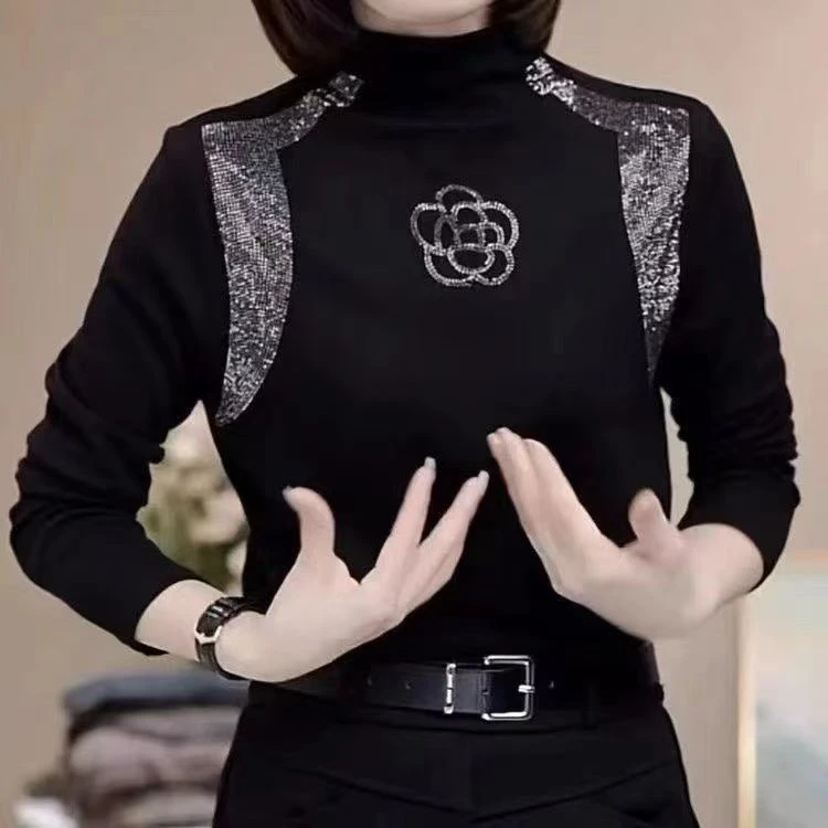 工烫钻设计时尚半高领长袖减龄保暖衫遮肚中年妈妈上衣新款2025年