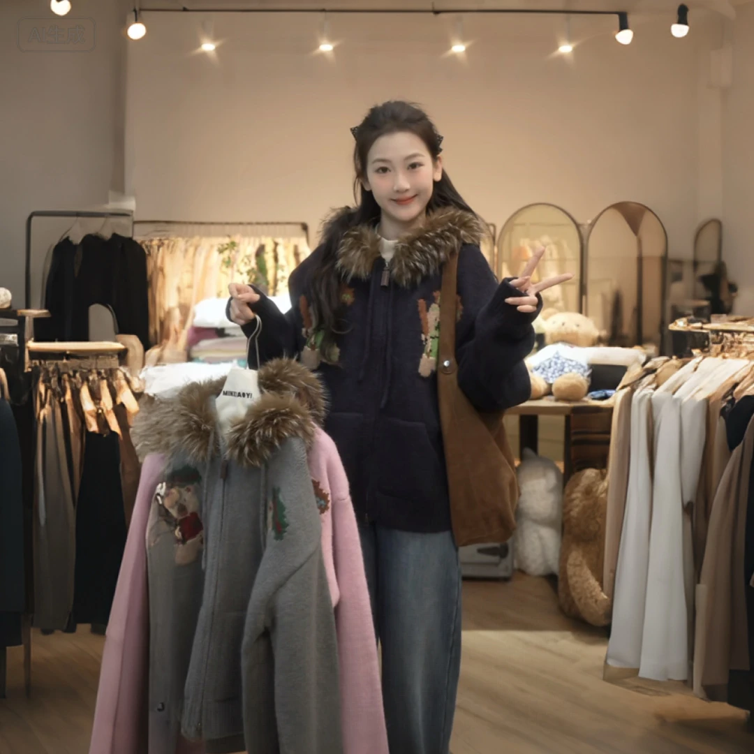 【闵笑一】小熊来信 复古毛领连帽毛衣女宽松百搭保暖休闲慵懒风