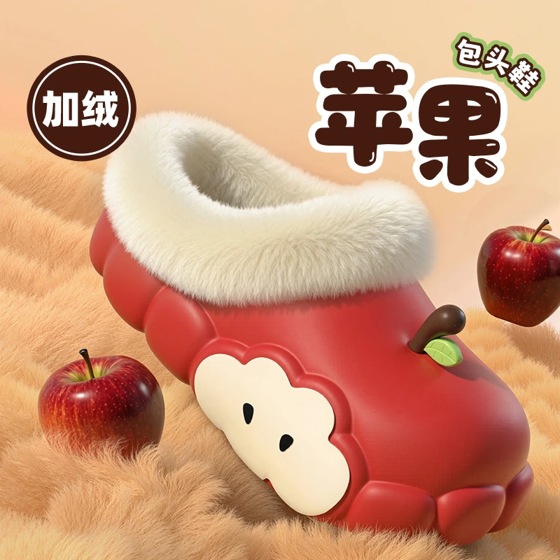 新款防水毛绒苹果棉拖鞋情侣冬季保暖防滑可爱网红居家外穿棉鞋