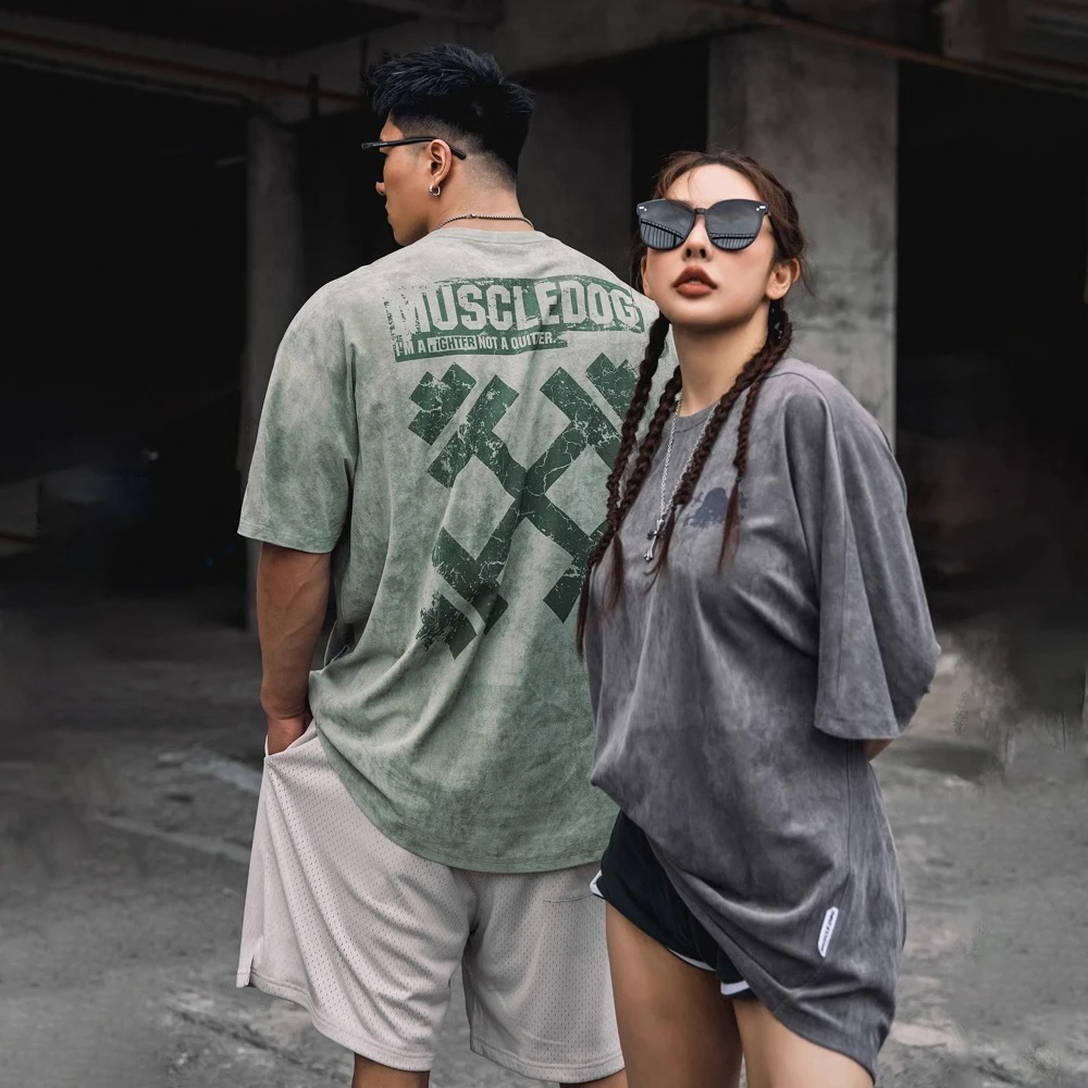 美式情侣运动休闲短袖t恤男夏季潮牌哑铃男士宽松训练服健身衣服