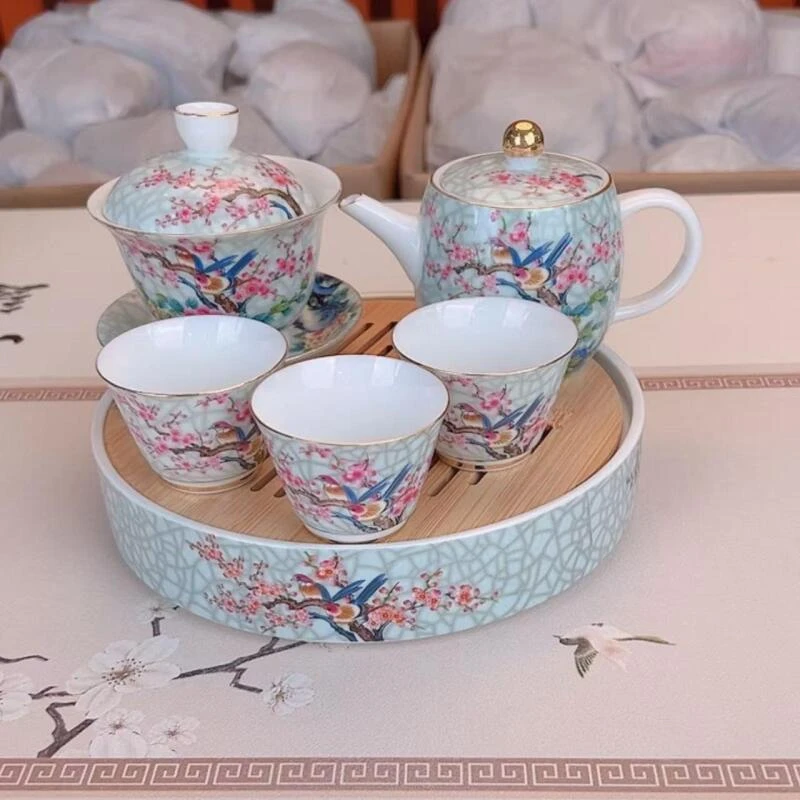 链接百花争艳盖碗+三杯+壶+茶盘C735