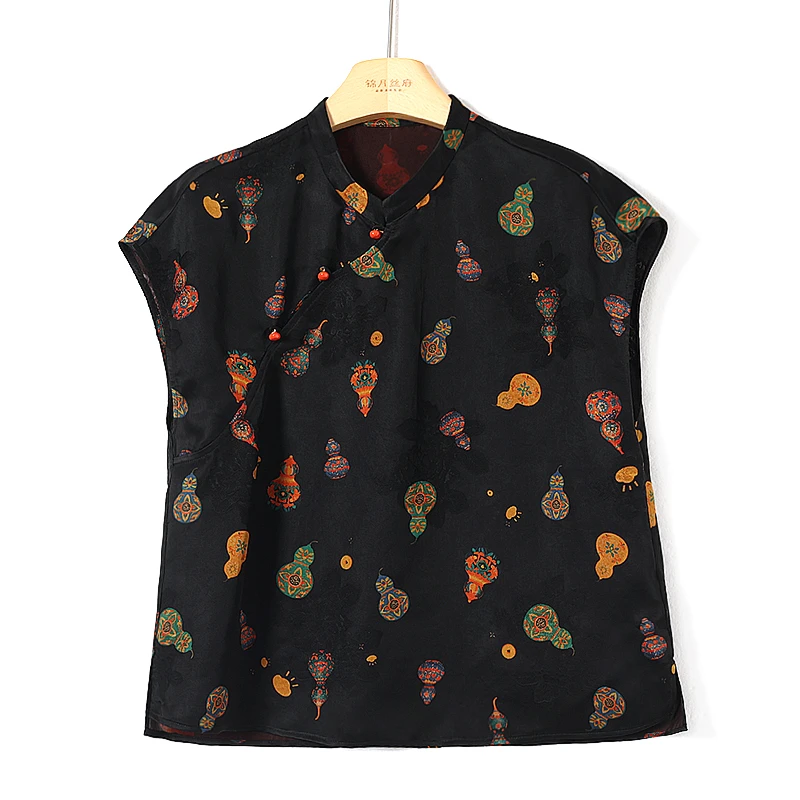 红云纱提花缎桑蚕丝落肩袖上衣锦月丝府85A140