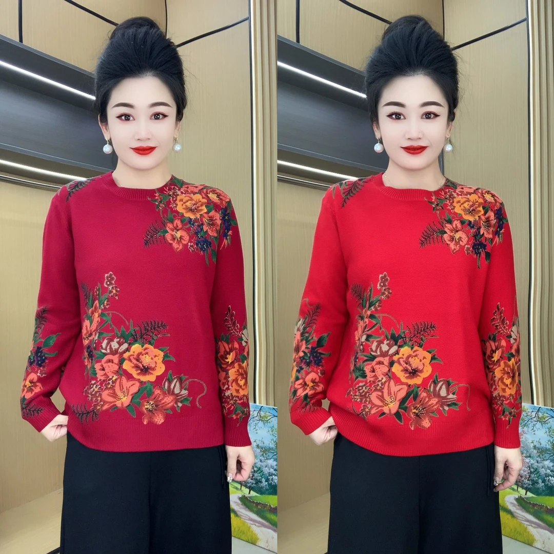 时尚圆领烫钻牡丹花弹力针织衫毛衣陶#