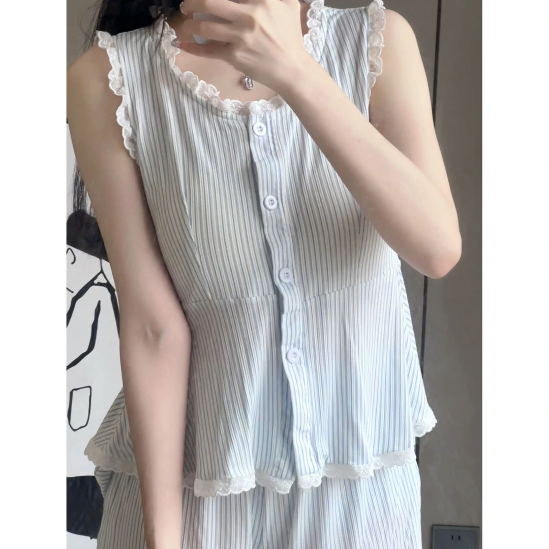 【蓝铃】甜美蕾丝带胸垫女士夏季亲肤舒适性感家居服睡衣套装