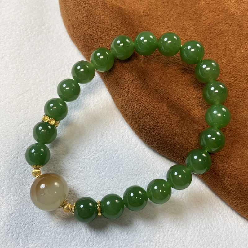 珠联帮【18K】和田玉0.8（碧玉）+1.2糖白单圈手串