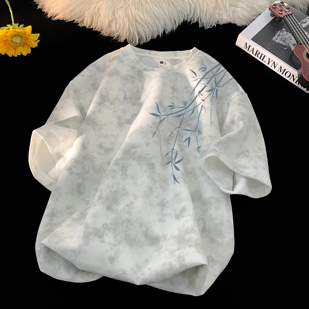 新中式国风竹子花卉短袖t恤男潮牌重磅竹子宽松大码高街半袖体恤