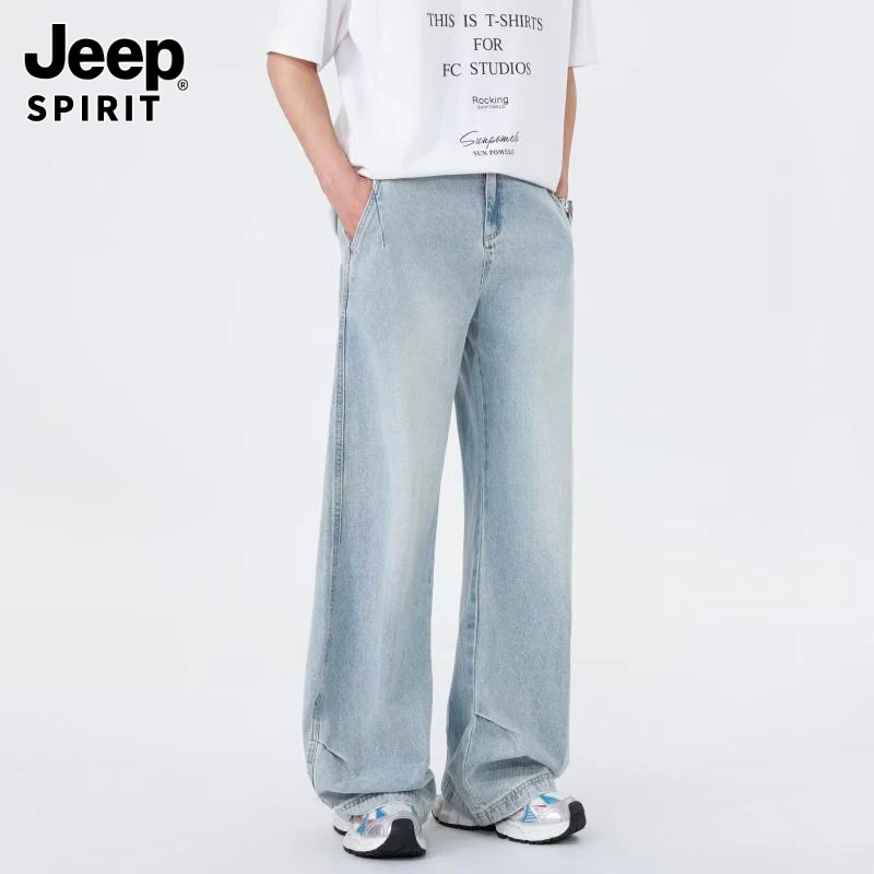 Jeepspirit吉普宽松牛仔裤男2025秋季美式复古潮牌直筒休闲捏褶阔