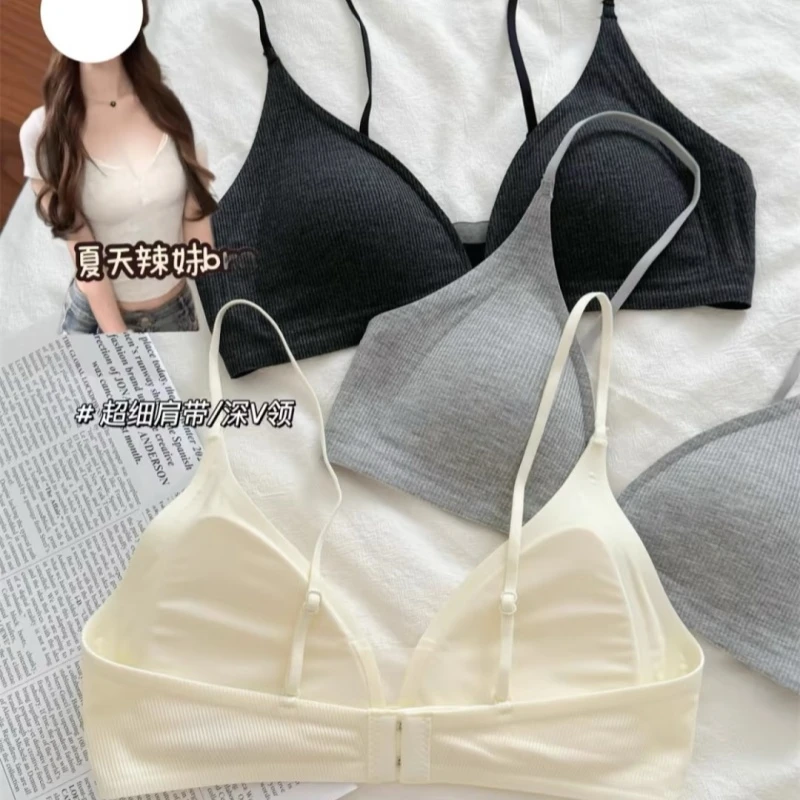夏日必备！超薄细肩带深V领内衣小胸聚拢三角杯无钢圈软支撑文胸L