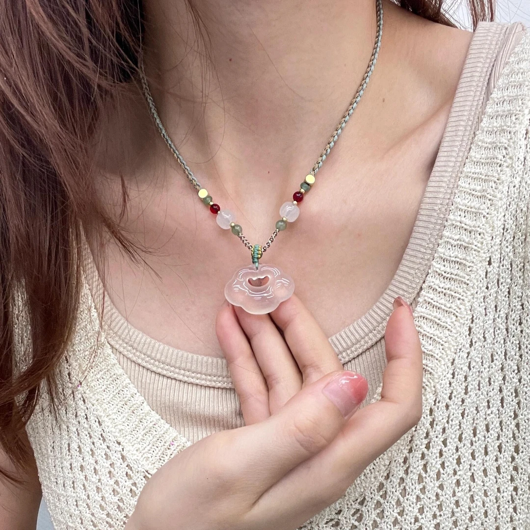 高冰透白冰祥云手工编绳吊坠项链新中式百搭礼物时尚小众气质