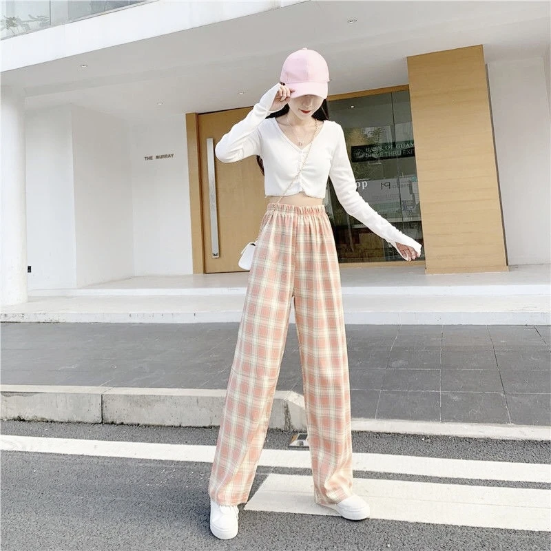 女士夏季薄款休闲高腰显瘦垂坠感格子阔腿直筒拖地夏天薄款女裤子