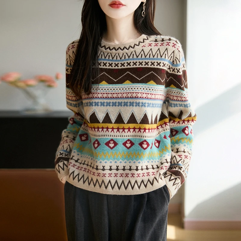 时尚百搭~ 秋冬新款圆领民族风提花打底衫