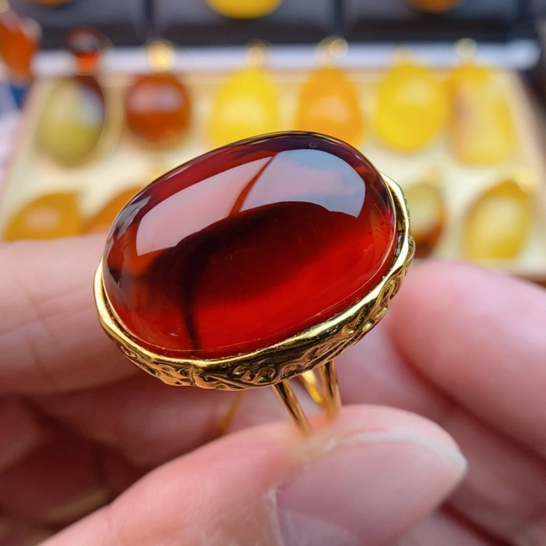 琥珀戒指银S925镀金镶嵌