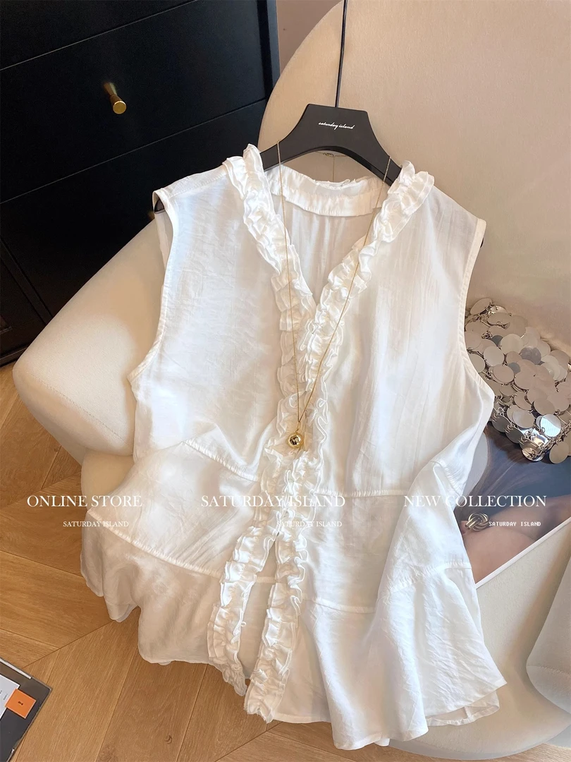 2025夏季新款法式设计感木耳边V领无袖背心衬衫气质绝美显瘦上衣