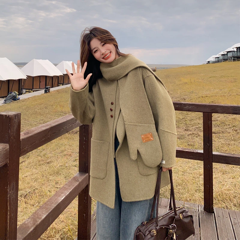 韩系高智感双面羊绒大衣2025秋冬新款极简风氛围感围巾式毛呢外套