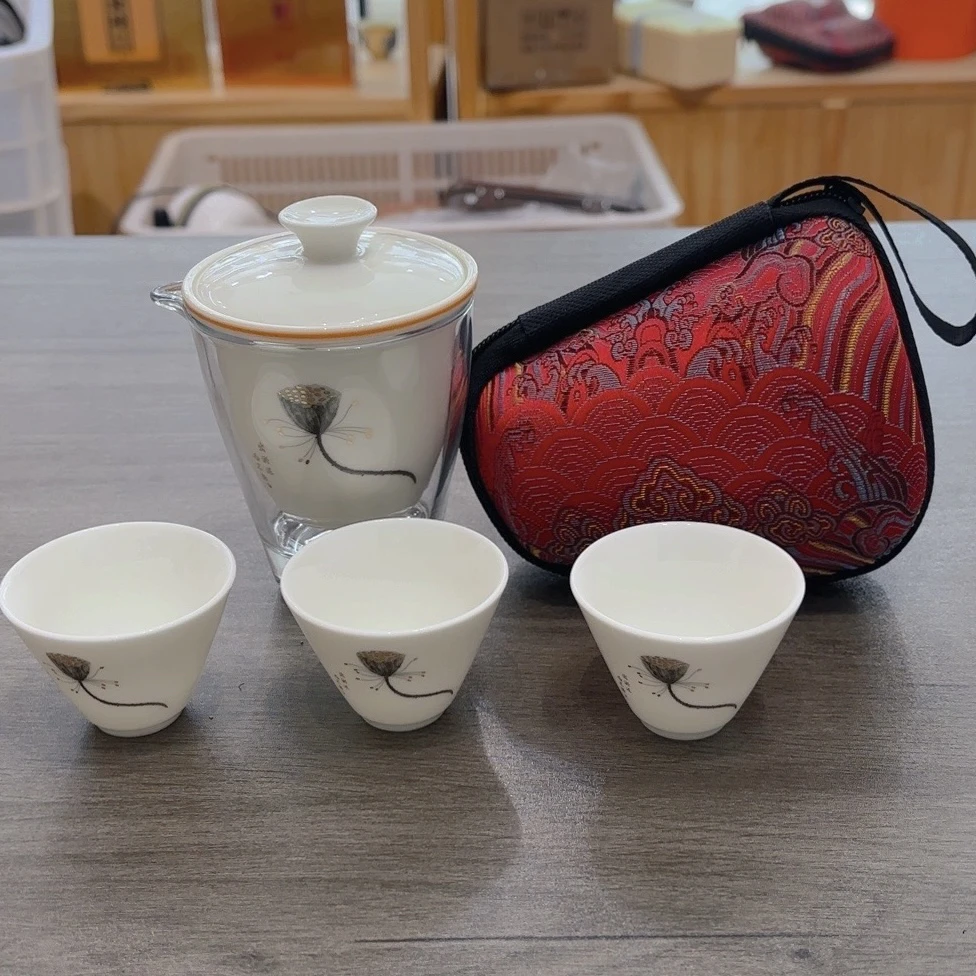 B86 旅行茶具套装水墨金莲一壶三杯