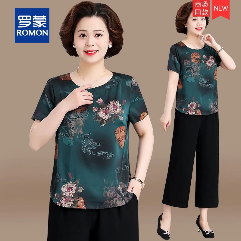 妈妈夏装2025新款套装冰丝短袖T恤中老年女装奶奶装夏季上衣小衫