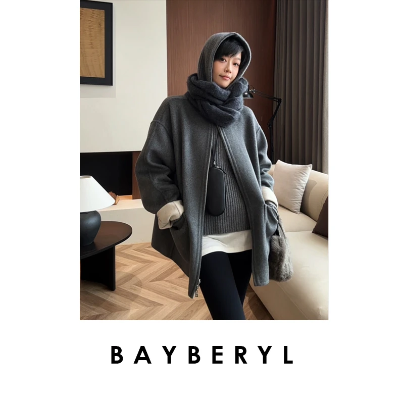 BAYBERY老贝异色*两穿针织连帽宽松羊绒秋毛呢大衣9MF5I0945-9/10