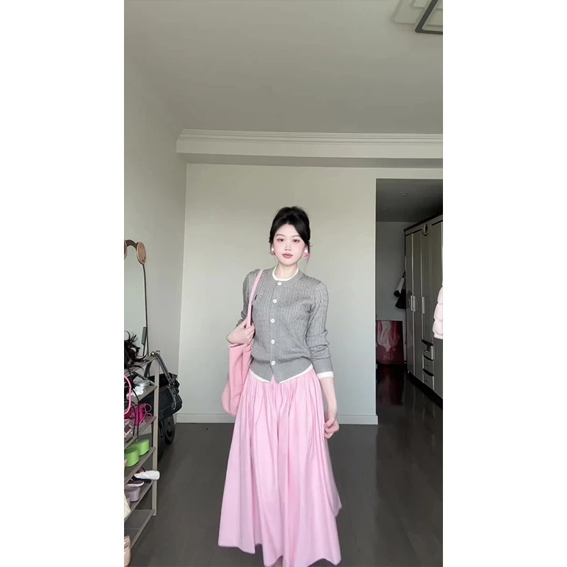 美式复古撞色假两件针织衫长袖女2025早秋绝美软糯上衣长裙两件套