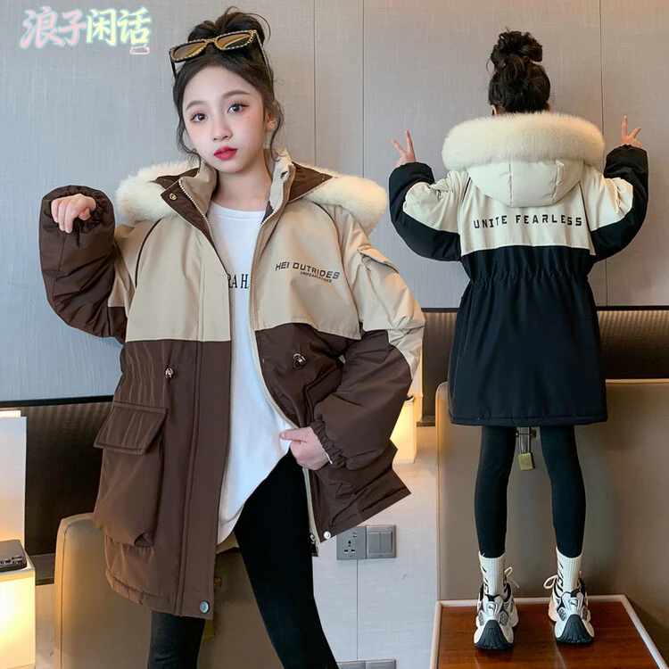女童派克服中长款收腰加绒加厚女孩棉衣中大童6-12岁15岁冬季外套