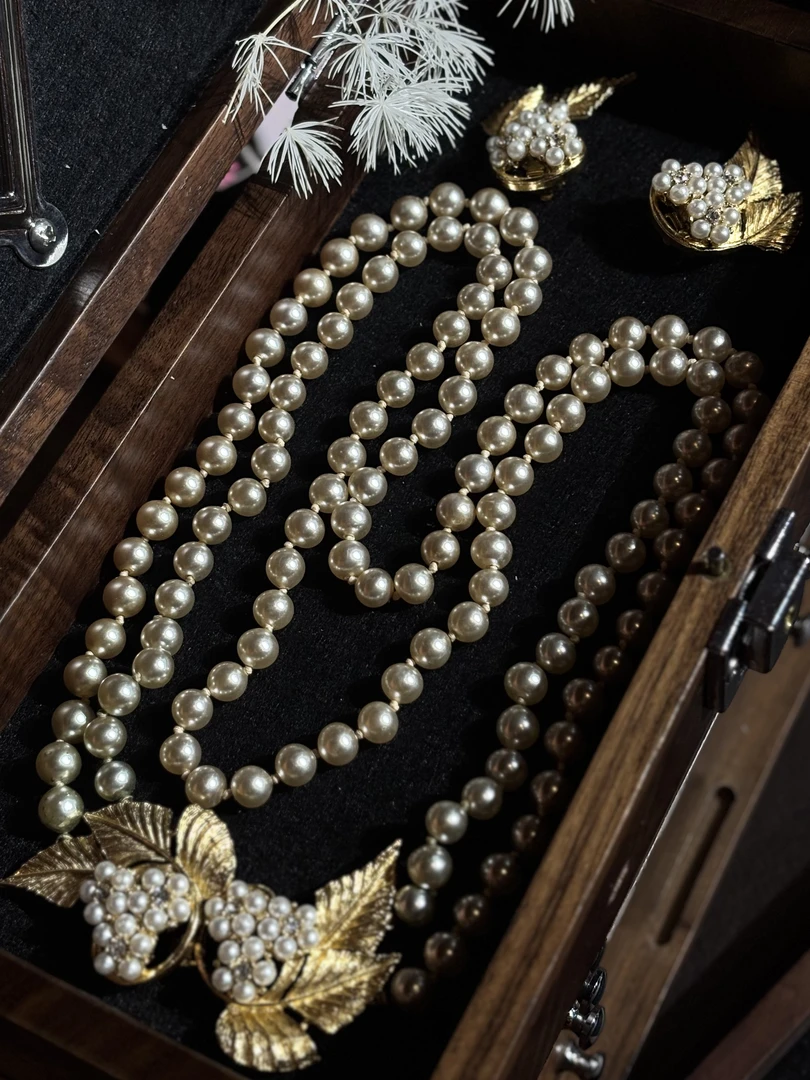 合金仿珍珠耳饰 vintage中古首饰Tara珍珠琉璃耳夹项链套装