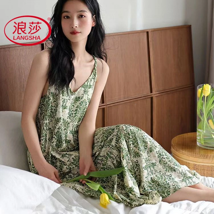 浪莎爆款网红睡裙带胸垫夏季女睡衣可爱吊带夏天中长款过膝大码