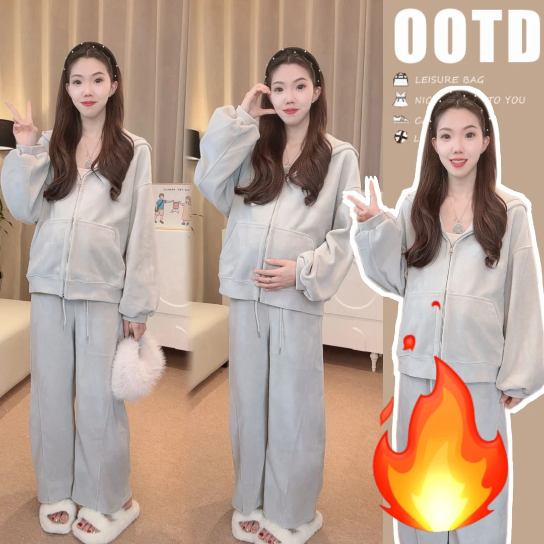 【因为爱】孕妇连帽外套加厚慵懒风宽松美式复古上衣休闲裤套装