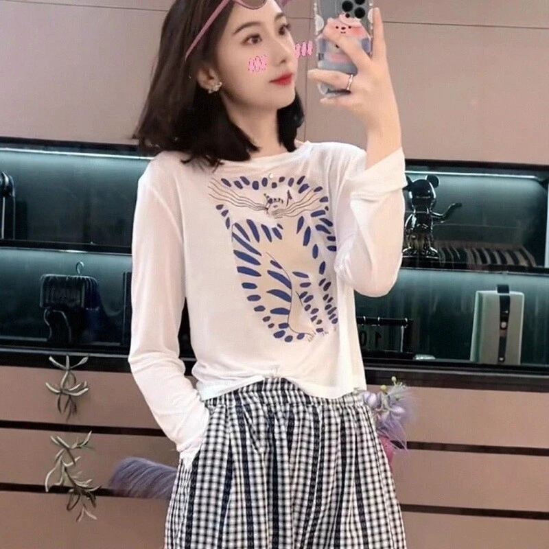 卡通猫咪印花冰丝T恤女夏长袖新款宽松撞色减龄薄款防晒上衣服潮