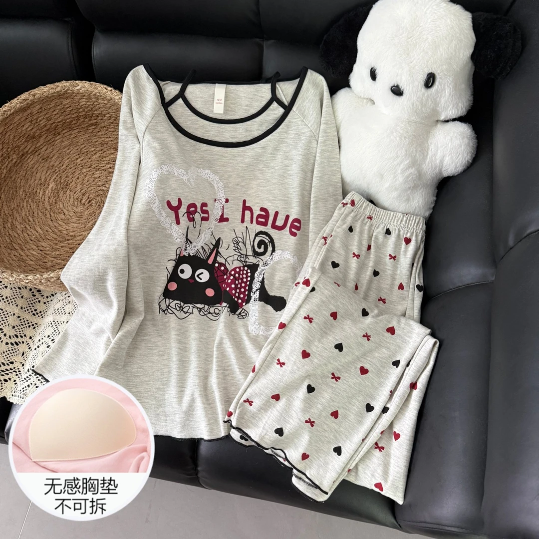睡衣女春秋季长袖大码加密精梳棉带胸垫2025新款桃心猫套装家居服
