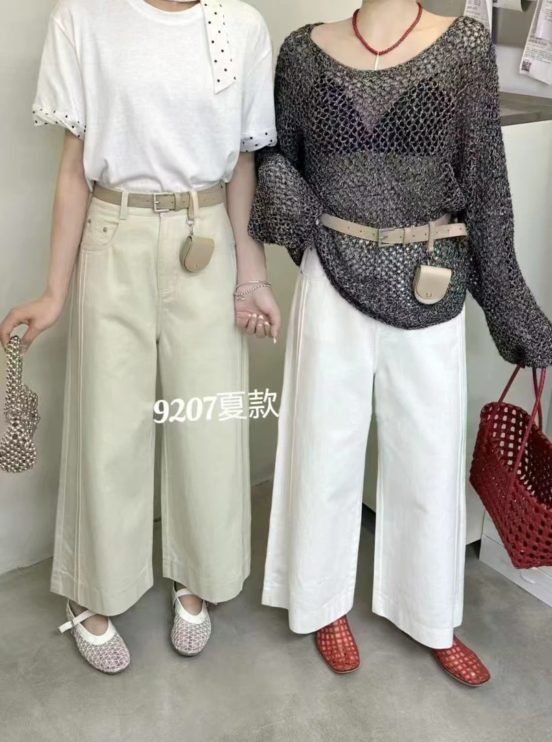 春夏新款韩系水洗棉高腰百搭显瘦女式九分直筒阔腿休闲裤