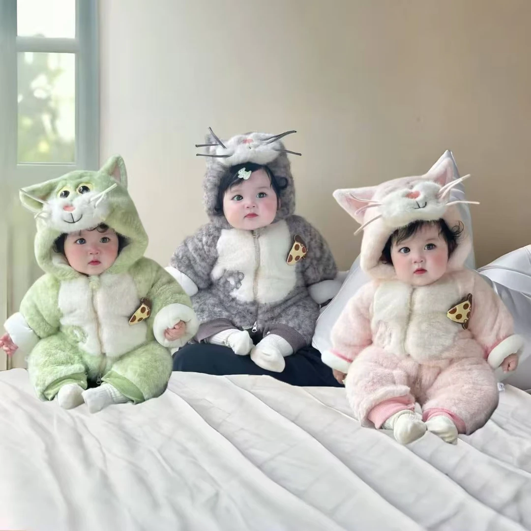 婴儿超萌冬装连体衣加厚加绒宝宝衣服卡通哈衣可爱外出爬服