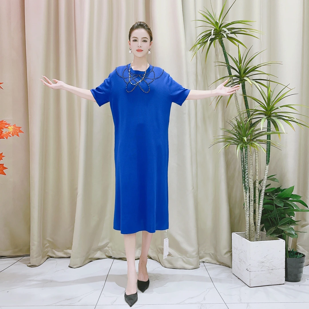 9467蓝色宝石连衣裙收腰显瘦优雅时尚轻奢气质休闲大码薄款设计师