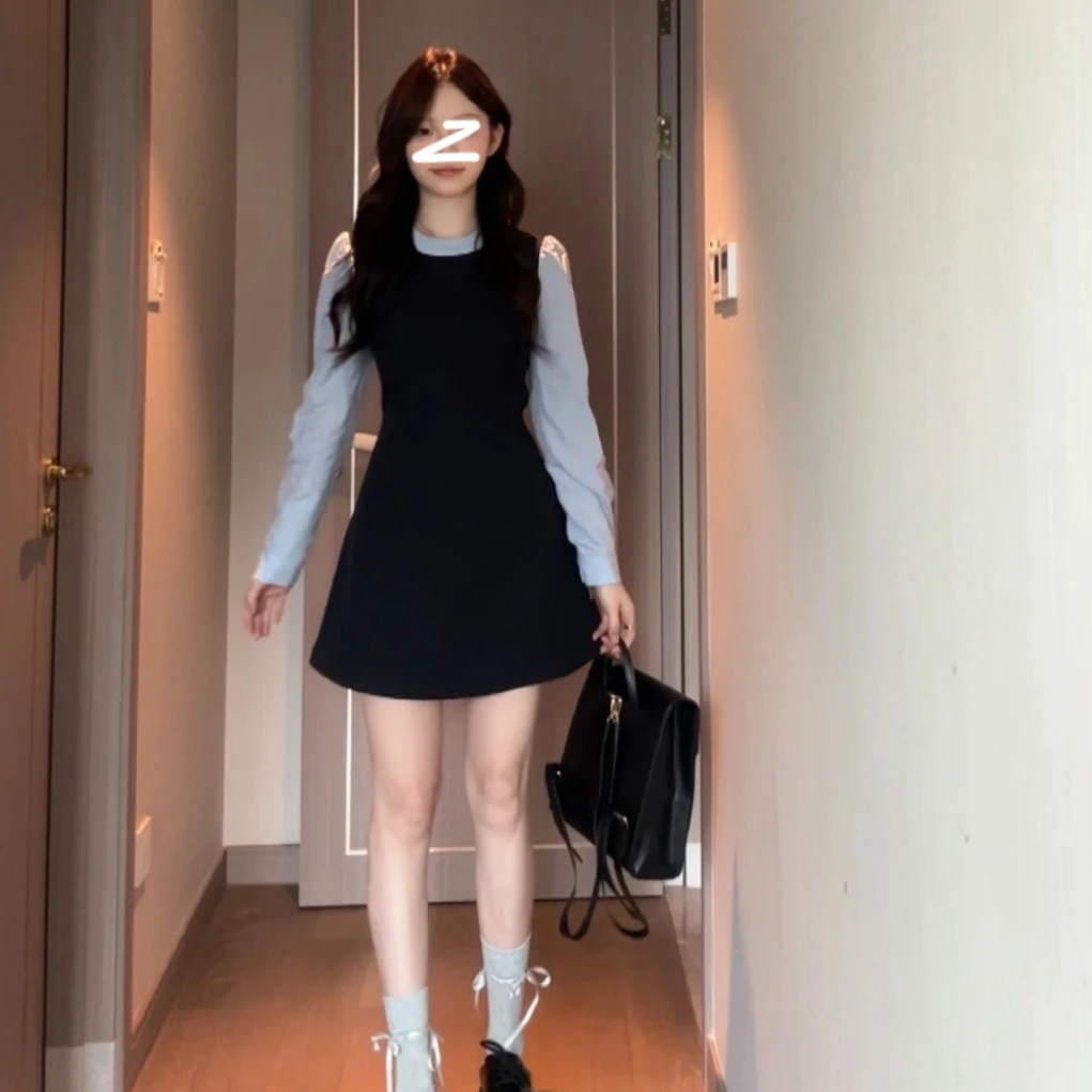 韩系学姐千金学院风假两件连衣裙女秋季新款拼接裙子8090