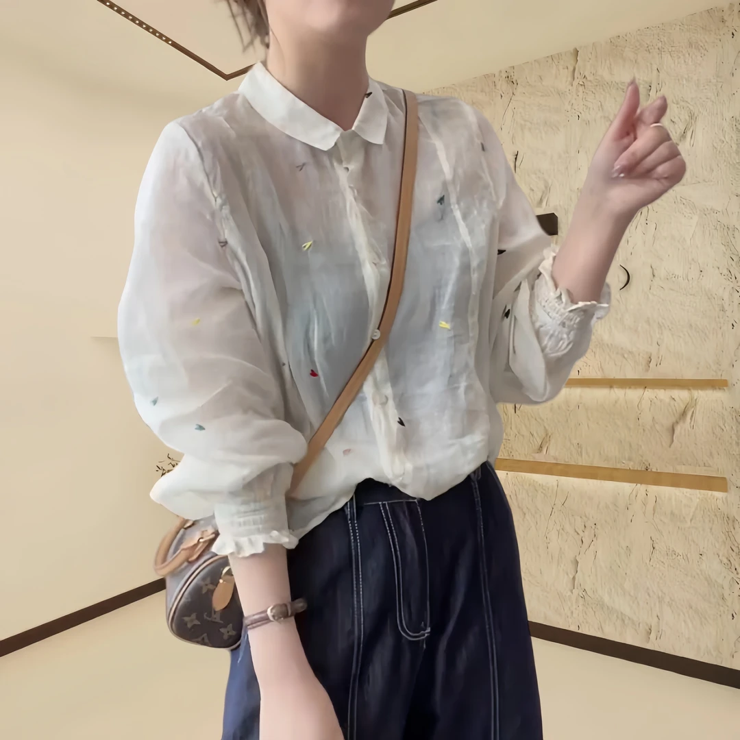 出游服装女夏季韩系仙女爱心刺绣小方领衬衣休闲甜美长袖防晒上衣
