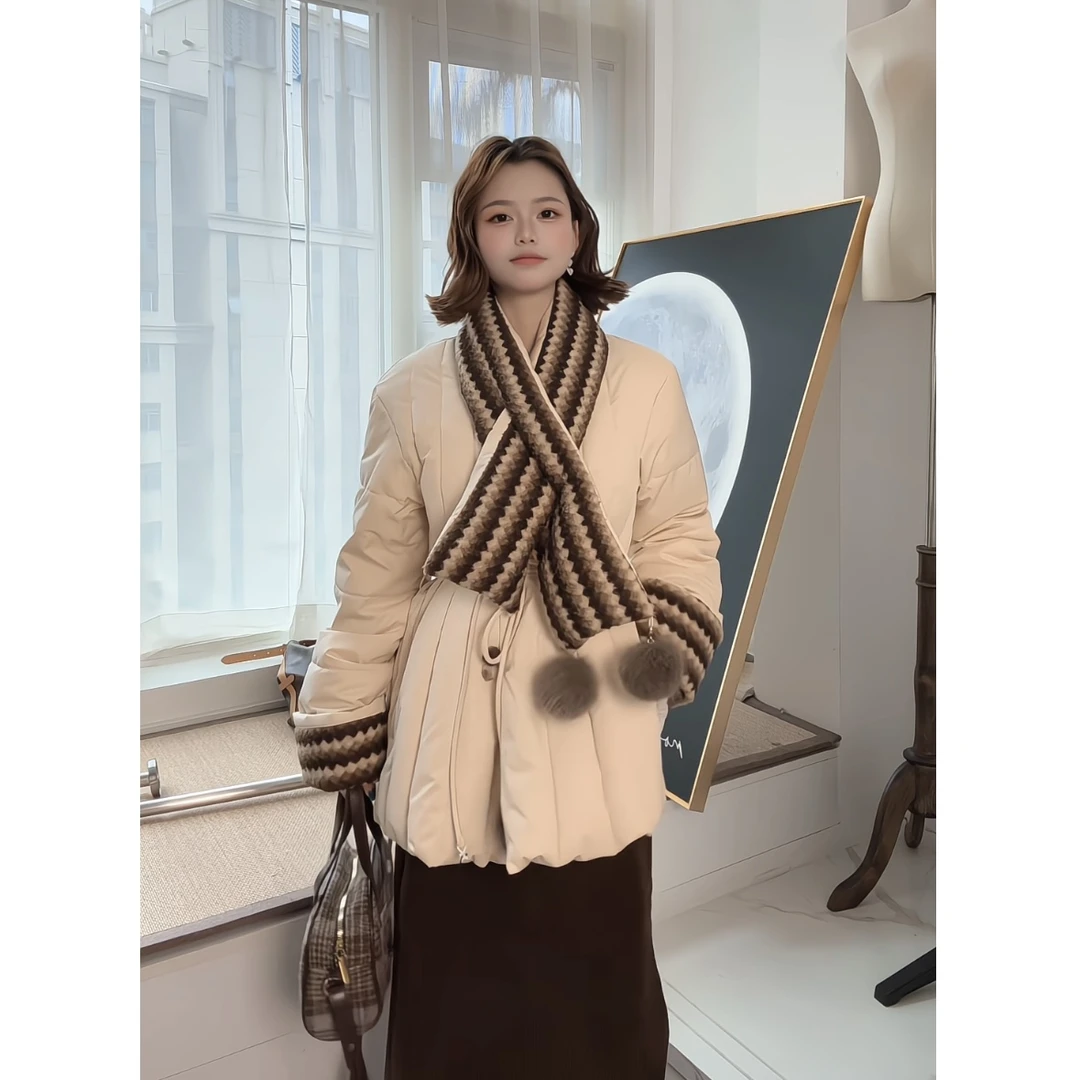 2025新款加厚棉服上衣咖色半身裙配围巾腰带皮带五件套套装【795】