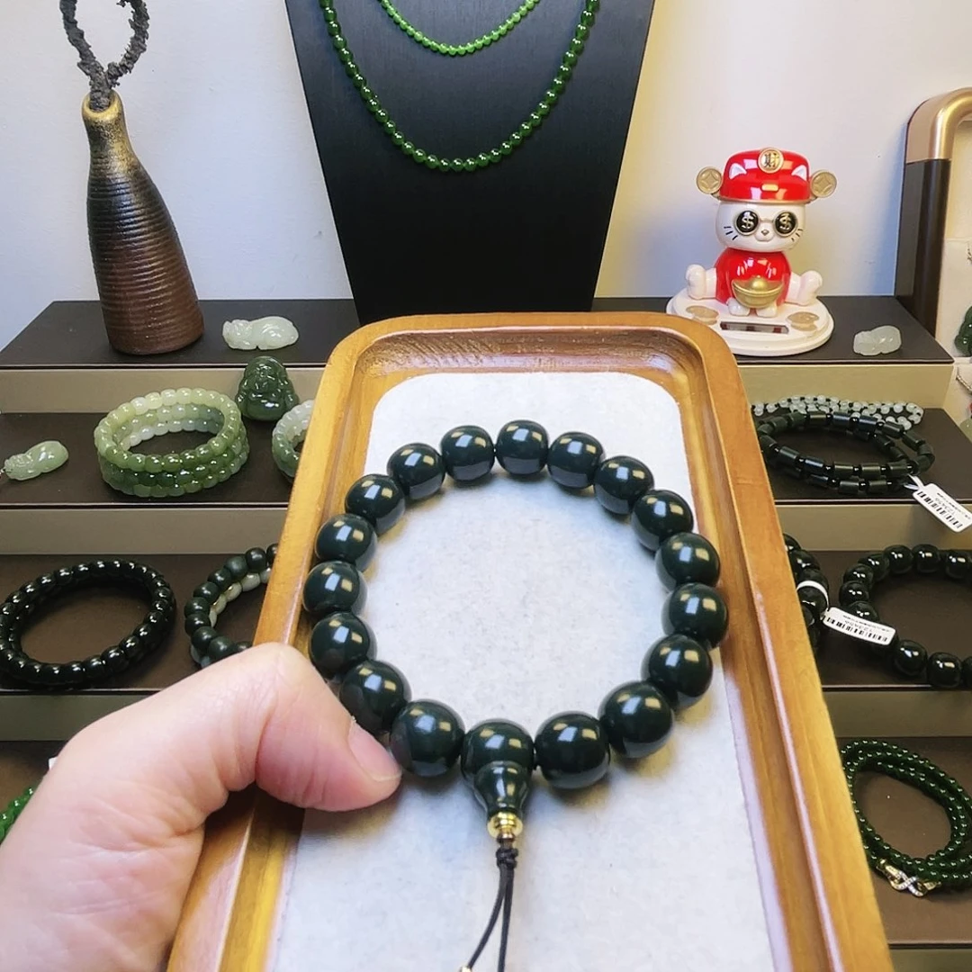 和田玉（青玉）未镶嵌手串福利新疆沙枣清12mm老型三通手串